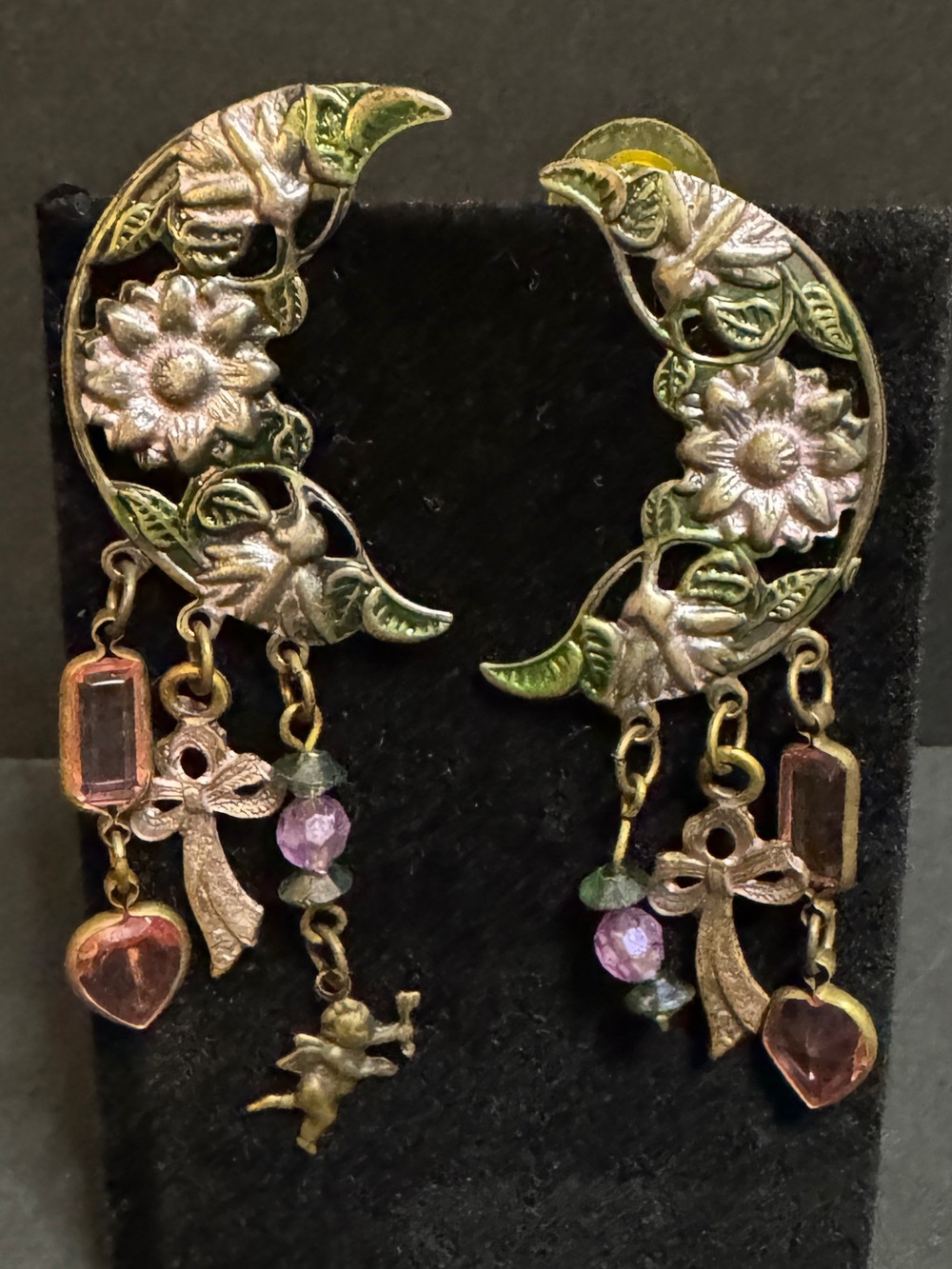 Floral Crescent Dangle Earrings with Pink and Green Accents